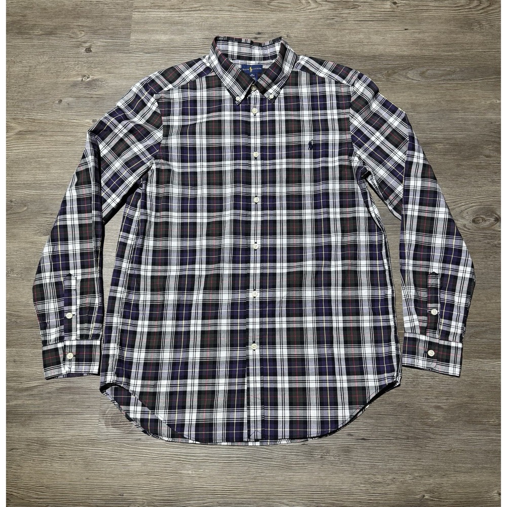 Ralph Lauren Boys XL 18-20 Plaid Button Down Shirt Gray 100% Cotton